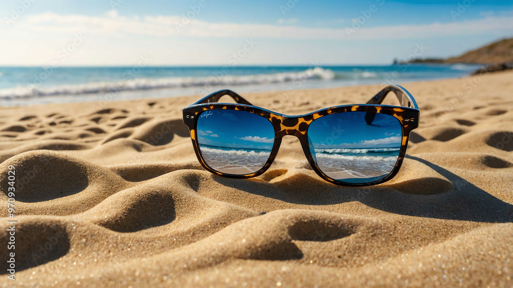 Sunglasses lying on a sandy beach with waves in the background Sunglasses lying on a sandy beach with waves in the background