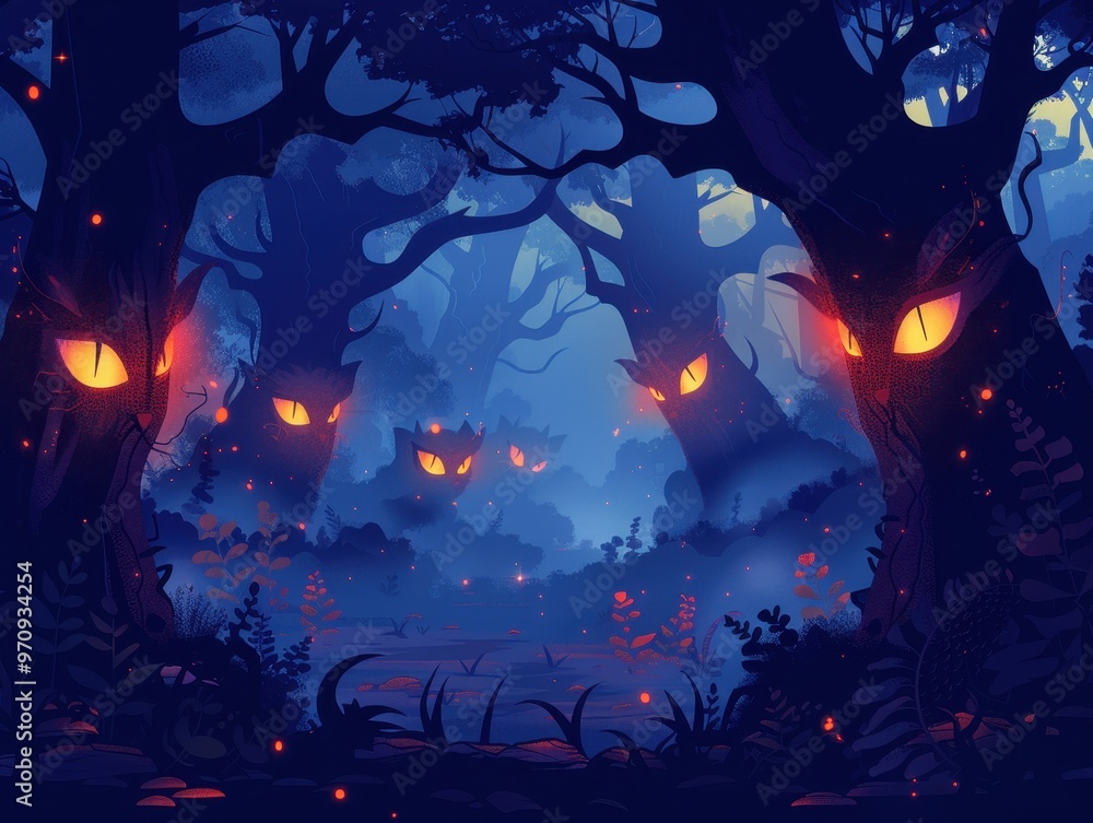 Enchanted forest with glowing eyes and shadows, spooky atmosphere, Enchanted forest with glowing eyes and shadows, spooky atmosphere,