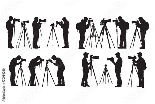 Camera silhouette, camera gear silhouette, photography gear silhouette, camera man icon, filmmaker icon, behind the scenes silhouette, video editor silhouette, camera movement silhouette,
