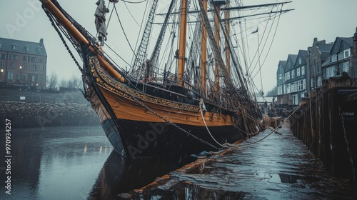 Sailing Ship Docked in a Rainy Harbor