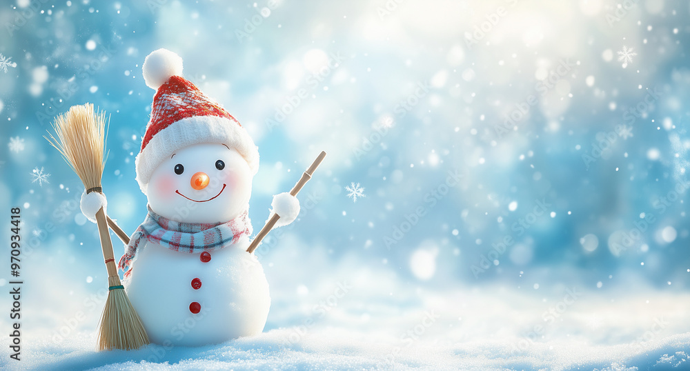Snowman with broom in snowy landscape, festive winter scene