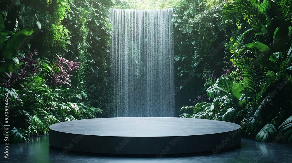 A Circular Stone Platform In Front Of A Waterfall In Lush Tropical Foliage A Circular Stone Platform In Front Of A Waterfall In Lush Tropical Foliage