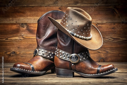 A worn leather cowboy hat sports silver studs against a rich brown backdrop, atop a rugged figure clad in black boots adorned with matching silver buckles.