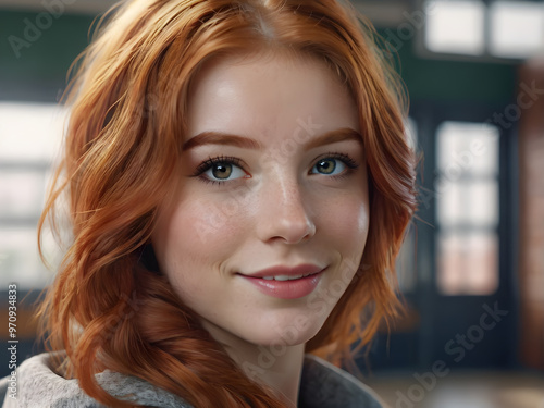 Portrait of a beautiful young woman with red hair in a cafe