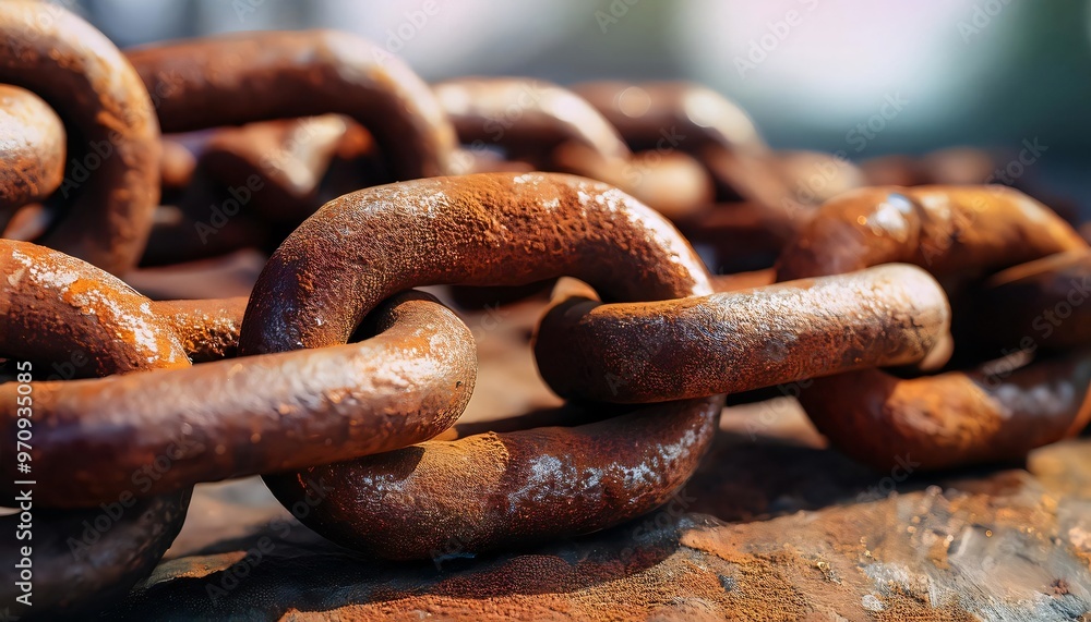 Close up view of a rusty chain lying on the ground, showcasing its weathered texture Close up view of a rusty chain lying on the ground, showcasing its weathered texture