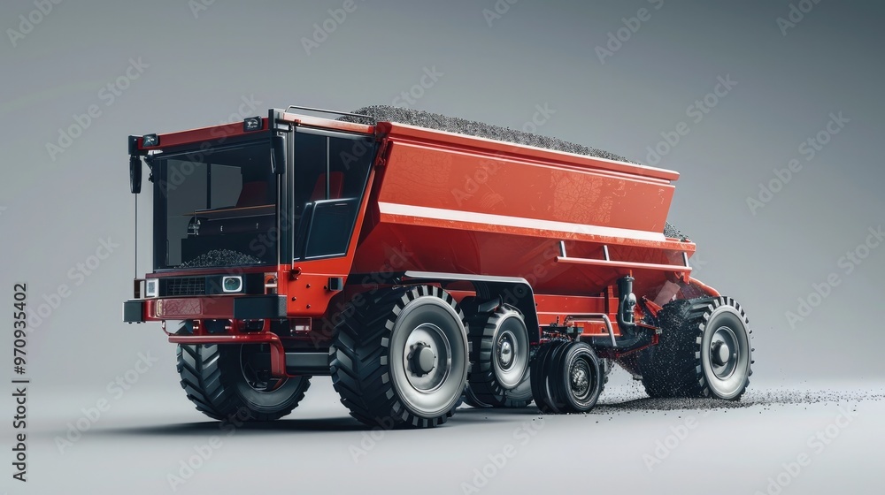 Powerful red dump truck with large cargo bed transporting heavy construction materials such as rocks sand or gravel in a snowy outdoor environment with rugged terrain Powerful red dump truck with large cargo bed transporting heavy construction materials such as rocks sand or gravel in a snowy outdoor environment with rugged terrain