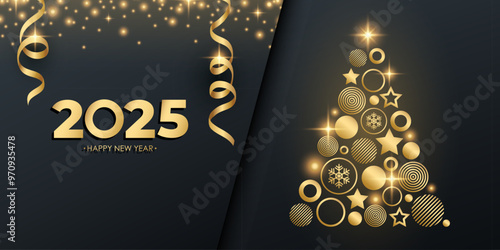 2025 Happy New Year festive banner with golden Christmas tree. Glittering sparks and serpentine ribbons. Black and gold colors. Vector illustration.