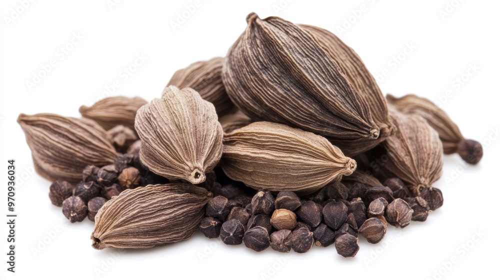 Black Cardamom Seeds Isolated: Brown Cardamon: Dry Kardamon Fruits: Cardamum Spice: Cardamomum Seasoning: Dried Nepal Cardamom Pods on White Background Black Cardamom Seeds Isolated: Brown Cardamon: Dry Kardamon Fruits: Cardamum Spice: Cardamomum Seasoning: Dried Nepal Cardamom Pods on White Background