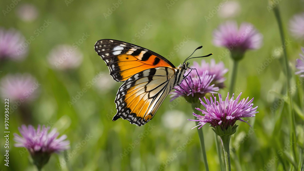 Naklejka premium Butterfly closeup landing on a flower in a vibrant spring meadow
