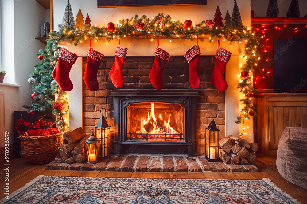 Christmas evening atmosphere, fireplace with Christmas stockings and gifts in the room Christmas evening atmosphere, fireplace with Christmas stockings and gifts in the room