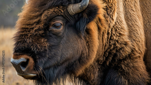 Bison closeup of thick mane and large snout with plain background photo