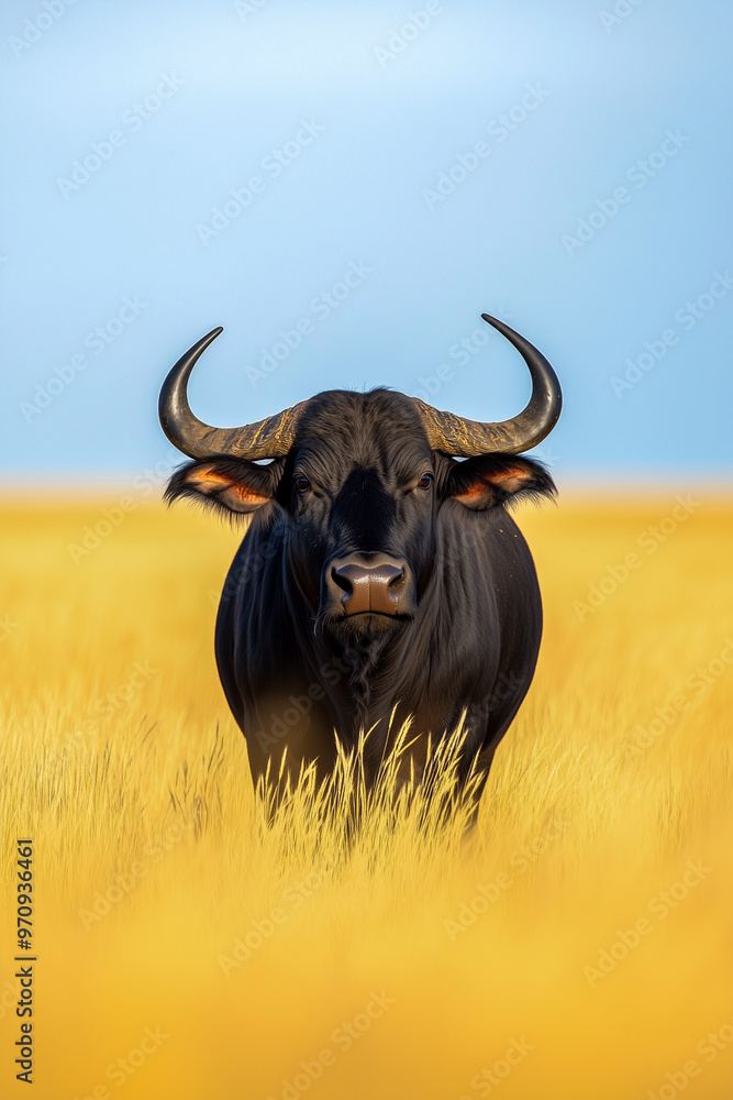 A large black ox with horns stands in a field of yellow grass A large black ox with horns stands in a field of yellow grass