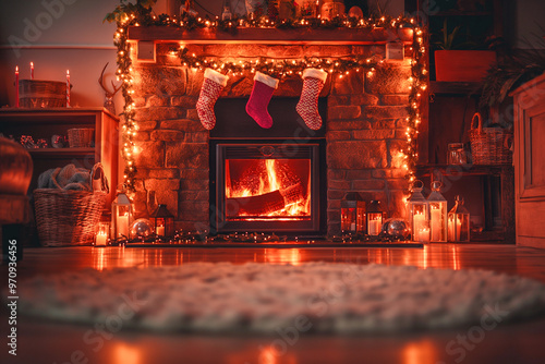 Christmas evening atmosphere, fireplace with Christmas stockings and gifts in the room