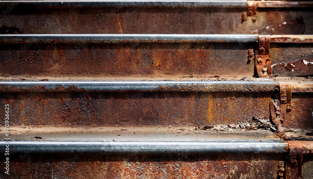 Rusty metal staircase showing time and decay, with peeling paint and rust stains Rusty metal staircase showing time and decay, with peeling paint and rust stains