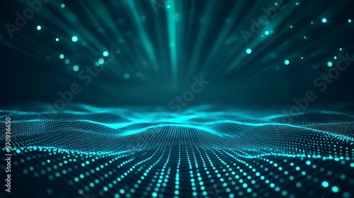 Abstract digital landscape with glowing particles and rays of light, creating a sense of depth and movement in a futuristic style.