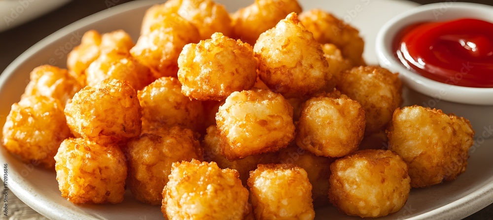 A plate of crispy, golden-brown tater tots with a side of ketchup A plate of crispy, golden-brown tater tots with a side of ketchup