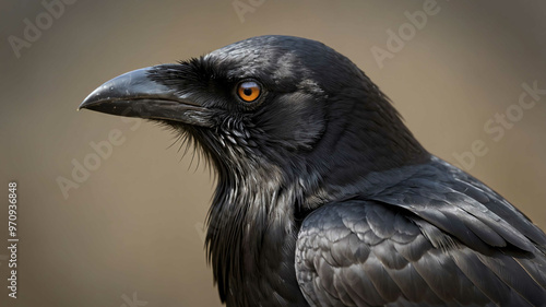 Crow closeup showing glossy feathers and sharp beak with plain background