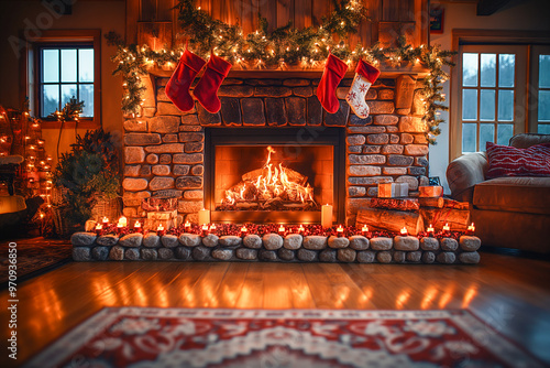 Christmas evening atmosphere, fireplace with Christmas stockings and gifts in the room