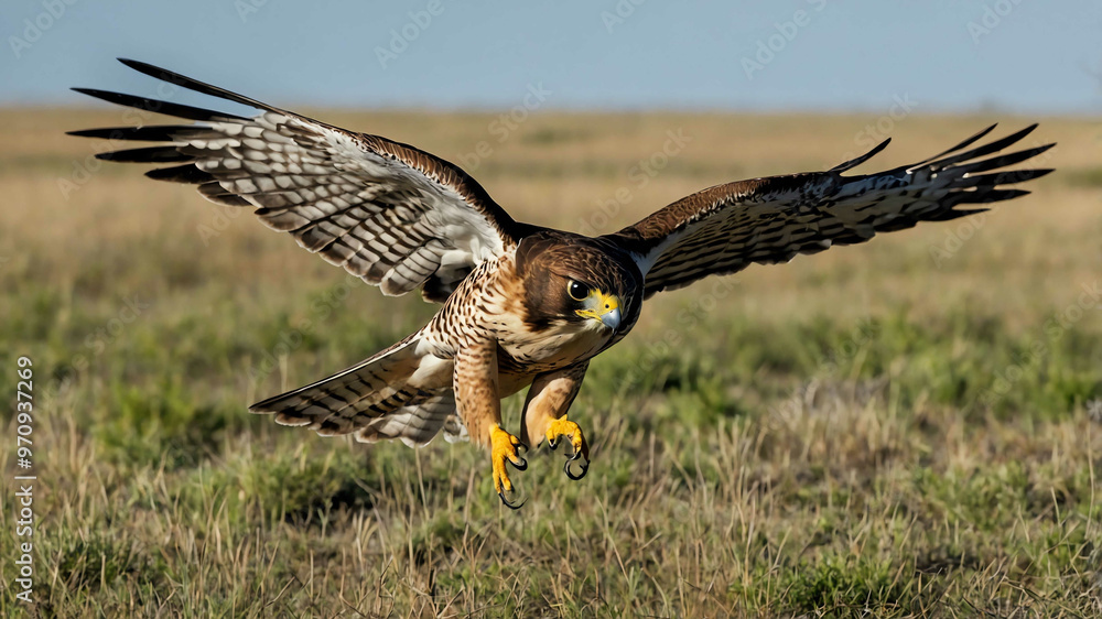 Fototapeta premium Falcon closeup diving toward prey over open grasslands