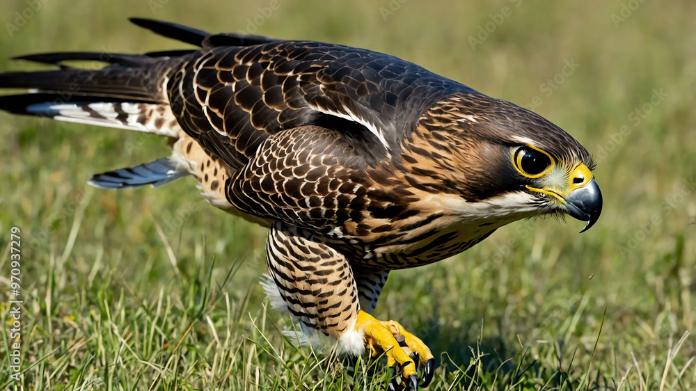 Fototapeta premium Falcon closeup diving toward prey over open grasslands