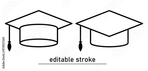 Student hat icon. Editable stroke. University graduate. Education badge. Silhouette of a student's cap. Diploma of graduation