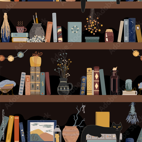 Seamless pattern with vintage books, and different retro things on dark shadow background. Old and mysterious interior. Standing books wall background. Home library. Vector illustration