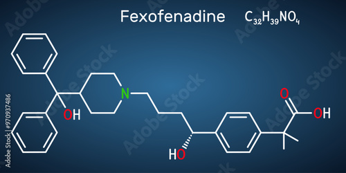 Fexofenadine molecule. It is symptomatic drug of seasonal allergic rhinitis. Structural chemical formula, dark blue background. Vector illustration