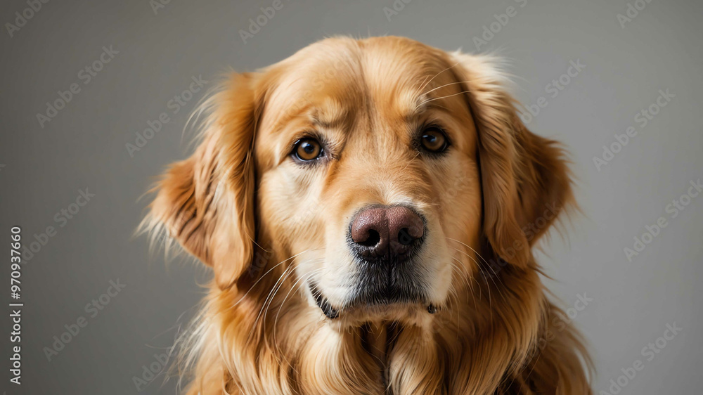 Golden retriever closeup showing soft fur and friendly eyes with plain background Golden retriever closeup showing soft fur and friendly eyes with plain background
