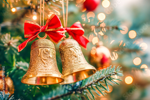 Christmas card, golden bells on the background of a Christmas tree and bokeh