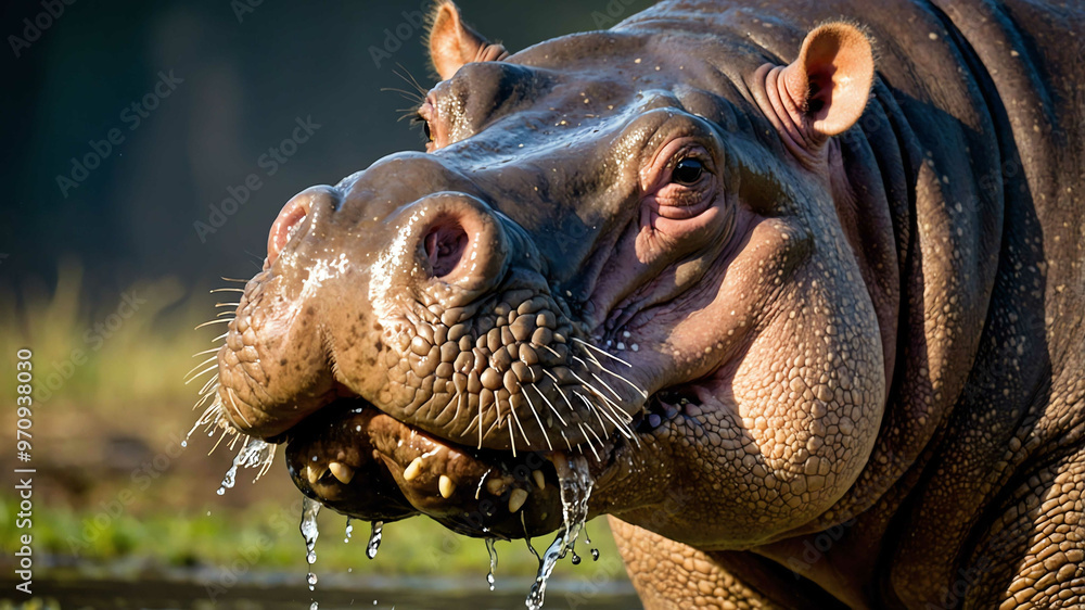 Fototapeta premium Hippo closeup of large mouth and water dappled skin with plain background