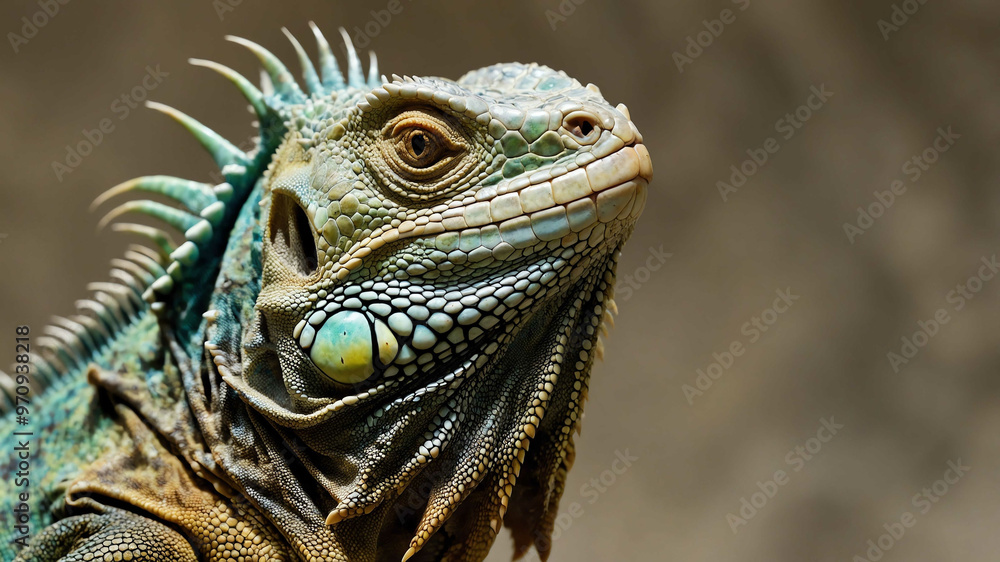 Iguana closeup of scaly skin and pointed crest with plain background Iguana closeup of scaly skin and pointed crest with plain background