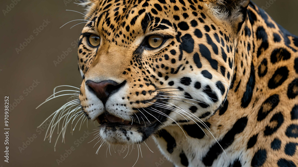 Fototapeta premium Jaguar closeup of rosette patterns and powerful jaw with plain background