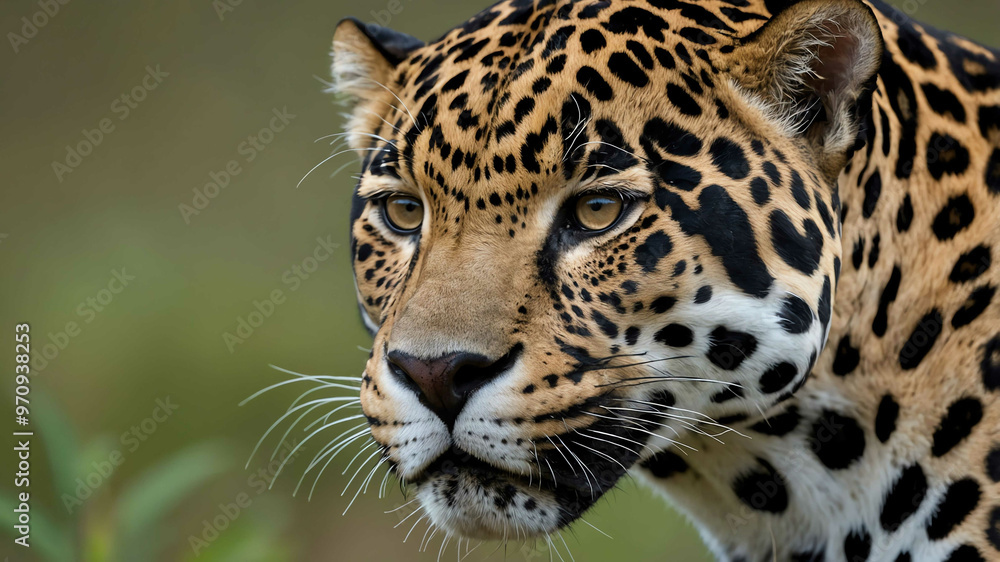 Jaguar closeup of rosette patterns and powerful jaw with plain background Jaguar closeup of rosette patterns and powerful jaw with plain background