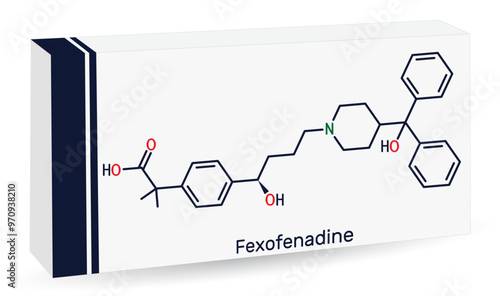 Fexofenadine molecule. It is symptomatic drug of seasonal allergic rhinitis. Skeletal chemical formula. Paper packaging for drugs. Vector illustration