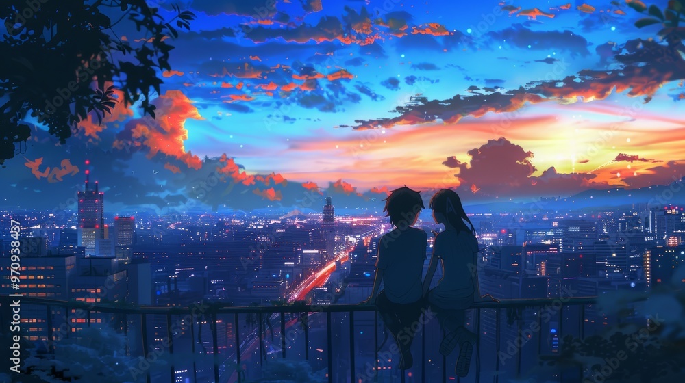 Fototapeta premium Anime couple enjoying the evening on the rooftop Digital art Illustration Anime Art Graphics Background Anime characters Anime wallpaper Cartoon Couple Fantasy