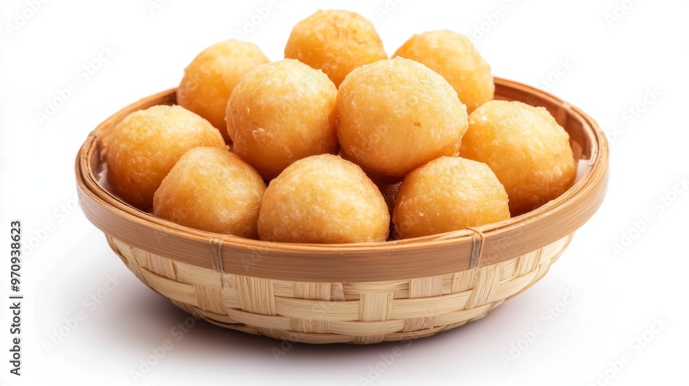 Thai Deep Fried Sweet Potato Balls or (Khanom khai nok kratha) in a wooden basket isolate on a white backdrop.is a Thai snack. The sweet is a fried sweet potato dough ball Thai Deep Fried Sweet Potato Balls or (Khanom khai nok kratha) in a wooden basket isolate on a white backdrop.is a Thai snack. The sweet is a fried sweet potato dough ball