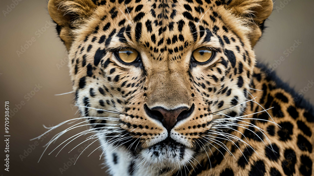 Leopard closeup of spotted fur and intense gaze with plain background Leopard closeup of spotted fur and intense gaze with plain background