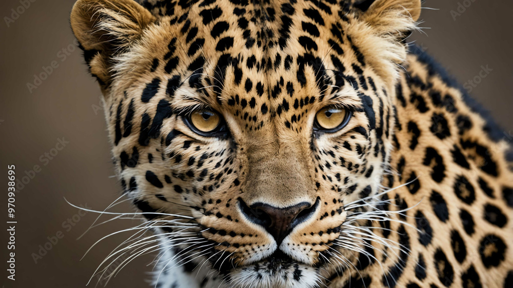 Fototapeta premium Leopard closeup of spotted fur and intense gaze with plain background