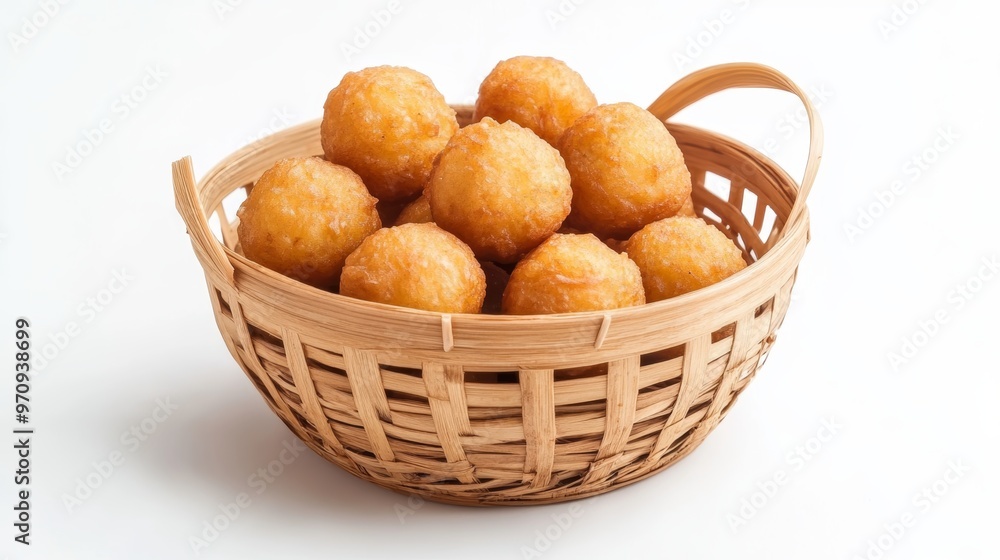 Thai Deep Fried Sweet Potato Balls or (Khanom khai nok kratha) in a wooden basket isolate on a white backdrop.is a Thai snack. The sweet is a fried sweet potato dough ball Thai Deep Fried Sweet Potato Balls or (Khanom khai nok kratha) in a wooden basket isolate on a white backdrop.is a Thai snack. The sweet is a fried sweet potato dough ball