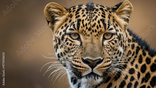 Leopard closeup of spotted fur and intense gaze with plain background