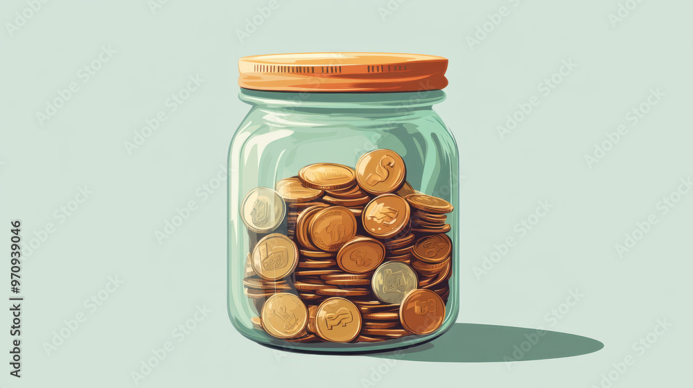 A money saving jar filled with coins showcases practical approach to saving. This close up view highlights shiny coins, reflecting sense of financial responsibility and future planning A money saving jar filled with coins showcases practical approach to saving. This close up view highlights shiny coins, reflecting sense of financial responsibility and future planning