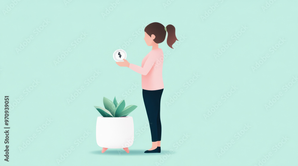 A person holding coin with dollar sign, standing next to potted plant, symbolizes money saving hacks and financial improvement. This image conveys sense of financial awareness and growth A person holding coin with dollar sign, standing next to potted plant, symbolizes money saving hacks and financial improvement. This image conveys sense of financial awareness and growth