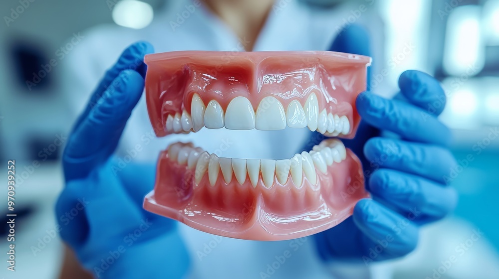 Dentist consultation - patient visit at the dental clinic office. Female dentist wearing dentures to explain teeth Recommend guidelines for orthodontics Dentist giving advice on patients condition Dentist consultation - patient visit at the dental clinic office. Female dentist wearing dentures to explain teeth Recommend guidelines for orthodontics Dentist giving advice on patients condition