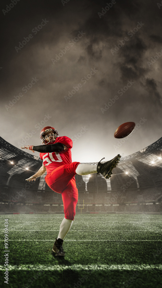 Obraz premium Poster. Player kicks football with forceful swing, mid-action, with stadium lights casting epic glow across field. 3D render of stadium. Concept of sport, tournament, competition, game event.