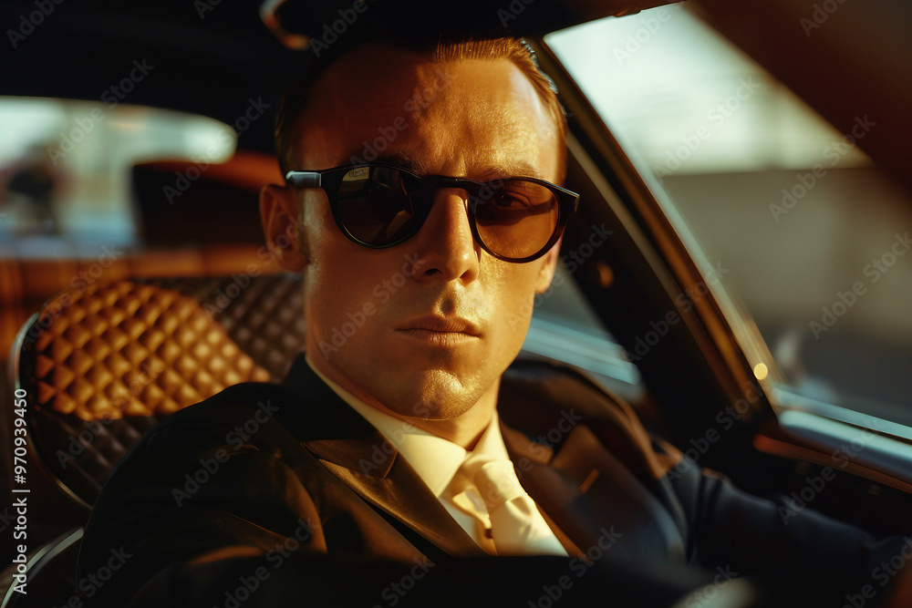 Ai generated retro photo of well-groomed luxurious rich man in car Ai generated retro photo of well-groomed luxurious rich man in car