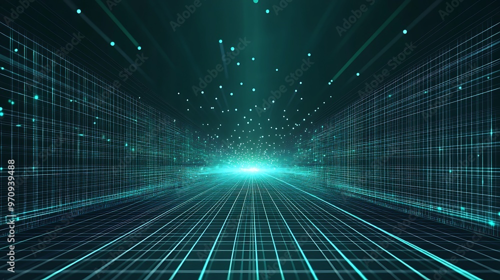 custom made wallpaper toronto digitalFuturistic abstract landscape with glowing grids and luminous particles, creating a digital and immersive atmosphere.