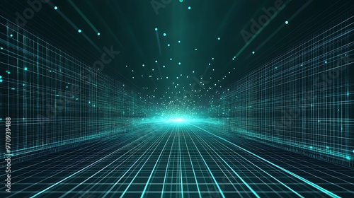 Wallpaper Mural Futuristic abstract landscape with glowing grids and luminous particles, creating a digital and immersive atmosphere. Torontodigital.ca