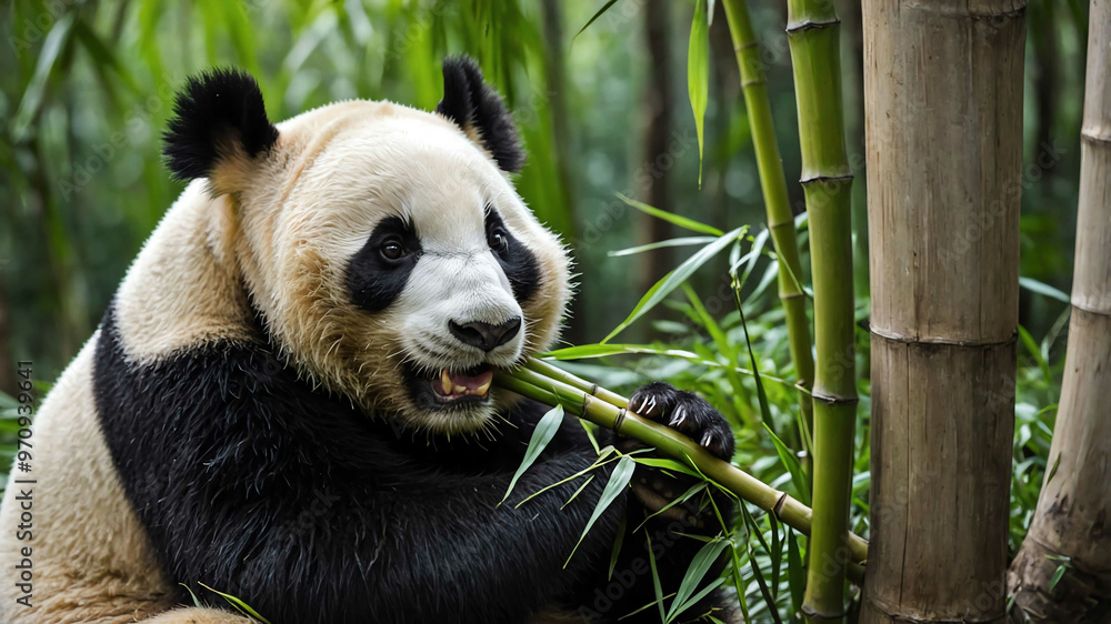 Fototapeta premium Panda closeup chewing bamboo in a peaceful bamboo forest