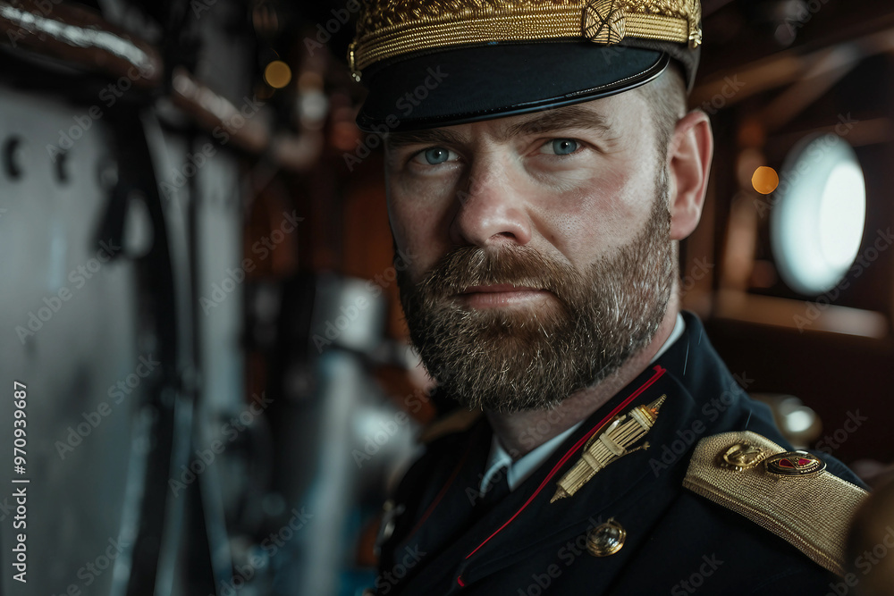 Happy ship captain smiling and steering boat on the ocean generative AI Happy ship captain smiling and steering boat on the ocean generative AI