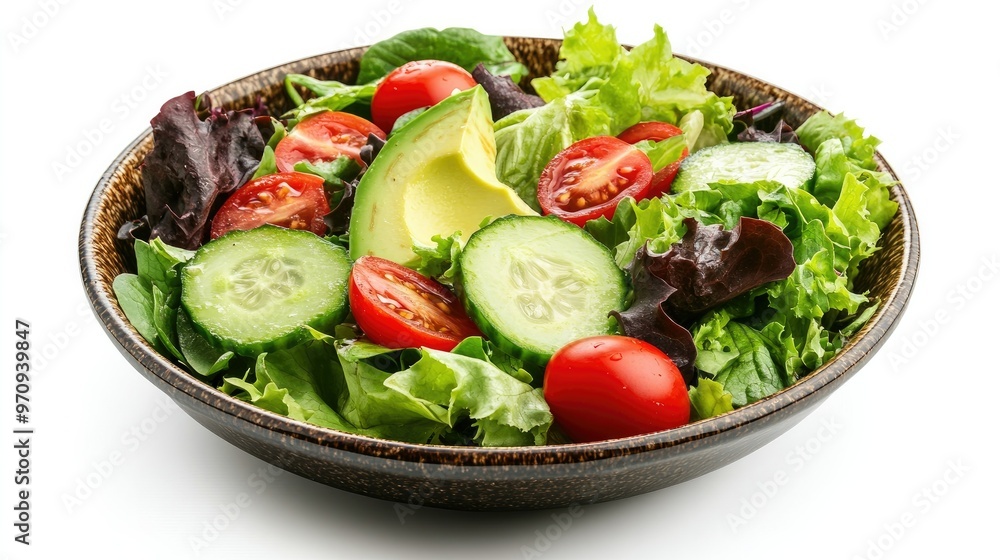 A fresh salad bowl with mixed greens, avocado, cherry tomatoes, and cucumber slices, isolated on a white background A fresh salad bowl with mixed greens, avocado, cherry tomatoes, and cucumber slices, isolated on a white background